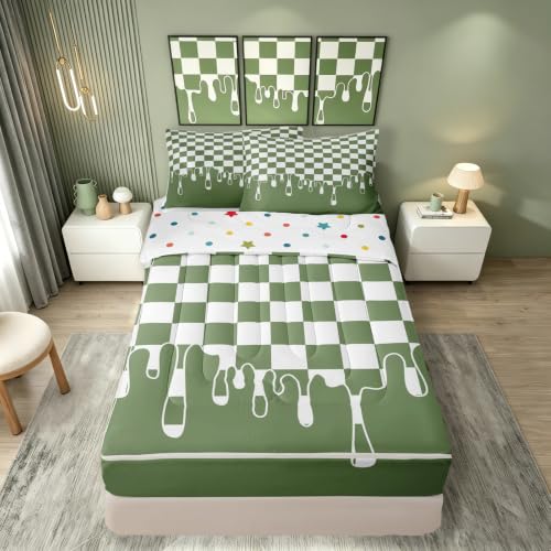 Image of Sage Green Checkered 3Pcs Zip Up Bedding Full Size,Checkerboard Drip Comforter Set with Fitted Sheet And 2 Pillowcases,Grunge Aesthetic Geometric Bed-in-a-Bag Set Zippered Bedspread,Machine Washable