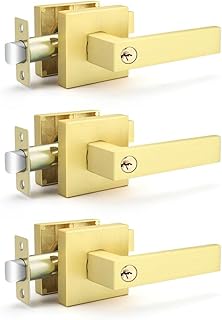 GUTENKONB 3 Pack Door Knobs with Lock and Key, Polished Gold Door Handles Interior, Keyed Alike Entry Door Levers Handle Lock, Satin Brass Door Knobs Exterior, Bulk Door Handles with Keys