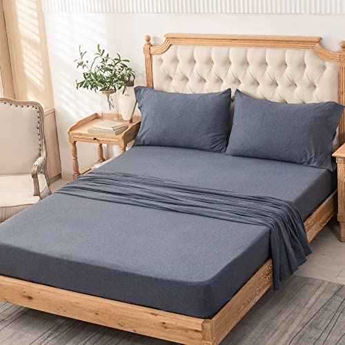 PURE ERA Jersey Knit 4pc Bed Sheet Set 100% T-Shirt Heather Cotton Super Soft Comfy Breathable Fits Mattress Up to 20\" Extra Deep Pocket (Heather Navy Blue, Full)