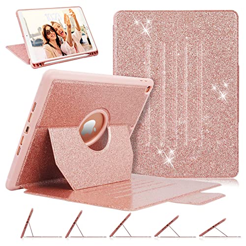 iPad 9th/8th/7th Generation Case, iPad 10.2 Case, Multi-Angle Viewing Adjustable Stand PU Leather Protective Cover with Pencil Holder, Glitter Sparkly Case for Girls Women, Auto Wake/Sleep, Rose Gold
