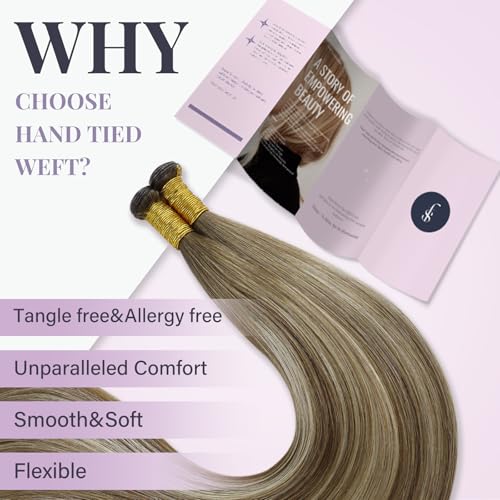 Fshine Hand Tied Genius Weft Hair Extensions Color Chestnut Brown Fading to Platinum Blonde Human Hair Extensions for Women Genius Weft Extensions for Thin Hair 16 Inch 50g - Image 3