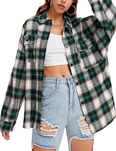 Image of HangNiFang Womens Flannel Plaid Shirts Oversized Button Shirts Blouse Tops