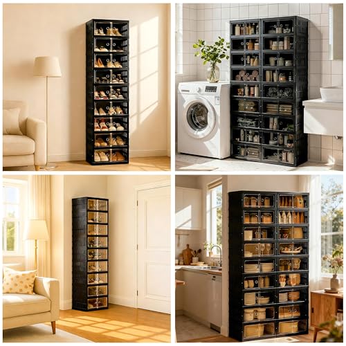 Image of Foldable Shoe Organizer Storage Box Set of 4, Portable Extra Large Folding Shoe Rack for Closet, Shoe Storage Box with Magnetic Transparent Door and Wheels, 9 Layers 18 Grids