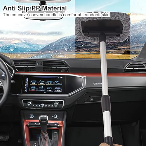 Autowaschbürste mit Teleskopstiel Set mit 4 Waschbürstenüberzug, Scheibenreiniger Auto Windschutzscheiben Reiniger Autoscheiben Innenreiniger, Grau Microfaser Reinigungsbürste Auto Reinigungsset