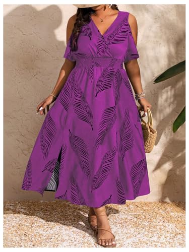Image of Floerns Women's Plus Size Cold Shoulder Tropical Print V Neck Flared A Line Long Dress