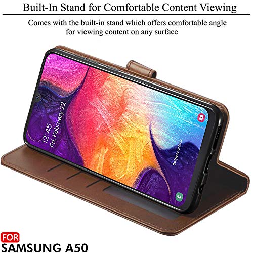 Image of TheGiftKart Genuine Leather Finish Flip Cover for Samsung Galaxy A50s / A50 / A30s | Inside Pockets & Inbuilt Stand | Wallet Style Back Case | Designer Button Magnet Closure (Brown)