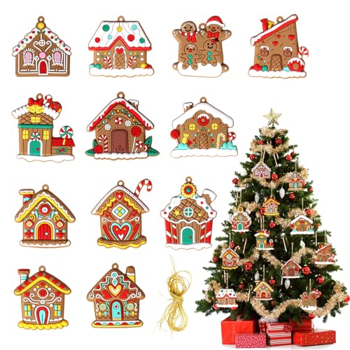 KASESSS 12 Pezzi Ciondoli di Natale, Casa di Pan di Zenzero Decorazioni Natalizie per la Casa, Appendere Addobbi Natalizi, Pendenti Natale Decorazioni Casa con Spago,Addobbi Albero di Natale per Festa
