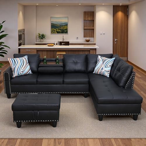 Sectional Couches for Living Room with Movable Chaise & Storage Ottoman - 97.5" Leather L Shaped Couches for Living Room Apartment, Home Modular Sectional Sofas with Cup Holder, Black - Thumbnail 3