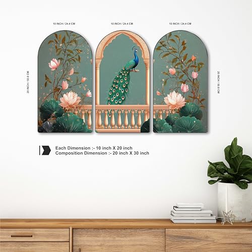 Image of Livin'luxe Peacock Wall Art | Set of 3 MDF Panel Paintings | Lotus Floral & Balcony Palace Theme Decorative Wall Hanging for Living Room, Bedroom & Home Interiors (20 x 30 Inch) RPNS-10