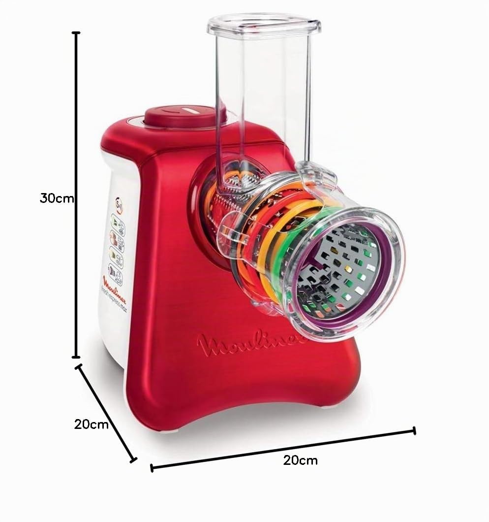 Moulinex dj812510 Reibe und elektrischer Zerkleinerer Fresh Express Max 5 in 1 – Für Reiben, Schneiden/emincer, Kratzen und Design Die den Mixer Eis – Aluminium gebürstet – weiß/rot Rubin