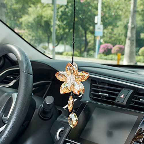 Image of Crystal Flower Rear View Mirror Pendant, Car Hanging Ornament, Lucky Accessory, Champagne