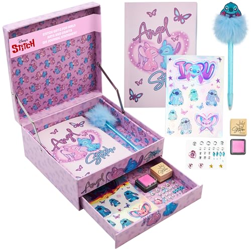 Disney Stitch Coffret Journal Intime Fille à Personnaliser Carnet Fille 60 Pages Stylos Stickers kit Scrapbooking Loisirs Créatifs Cadeau Enfant (Rose Stitch)