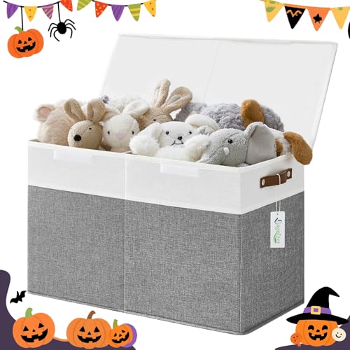 Image of Bagnizer Large Toy Storage Box with Lids, Collapsible Sturdy Baby Storage Organizer Chest Bin Basket for Kids, Boys, Girls, Playroom, Nursery, Bedroom, Closet 25"x13"x16" (Gray and White)