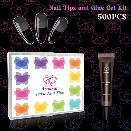Arousar Nail Tips, 500 Pcs Clear Acrylic Nail Extension Set In 10 Sizes, Half Matte Medium Round Full Cover Press On False Nail Tips With 20Ml Glue Gel For Diy Nail Art (Round Gel Tips-01) #TOP6