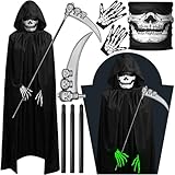ideas disfraz carnaval 2019 3 VIPNAJI Negro Largo Capa con Capucha para Halloween Carnaval, Guantes de Esqueleto y Máscara de Calavera Disfraz Plástico Falsa Guadaña Hoz para Adultos Halloween Fiesta Carnival Costume Cosplay