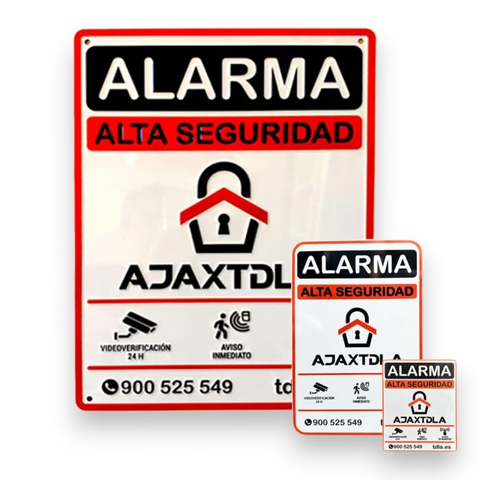 Lote 3 Carteles alarma AJAXTDLA. Auténtico Lacado | Relieve | Cartel Zona Videovigilada - Carteles Disuasorios - Interior Y Exterior - Placa alarmas videovigilancia | 2 ADHESIVOS.