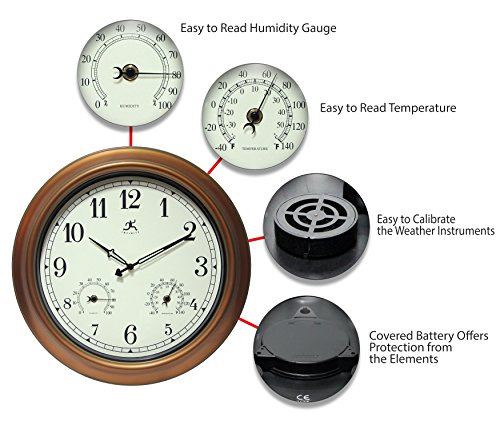 Infinity Instruments Ltd. Craftsman 18 Inch Copper Petina Outdoor Clock Thermometer Combo Patio Waterproof Large Wall Weather Station Weatherproof Decorative Outdoor Wall Clock Thermometer Hygrometer #TOP4