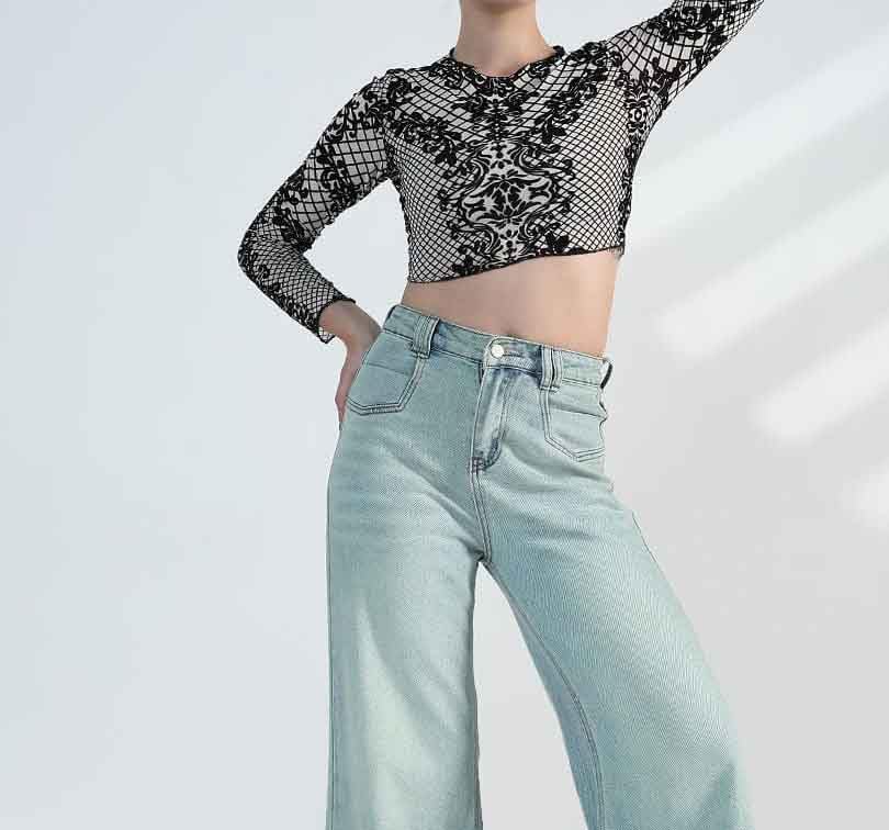 Image of ICW Women Long-Sleeves Round Neck Net Printed Transparent Mesh Sheer Crop Top T-Shirt DN38(Mix Print)