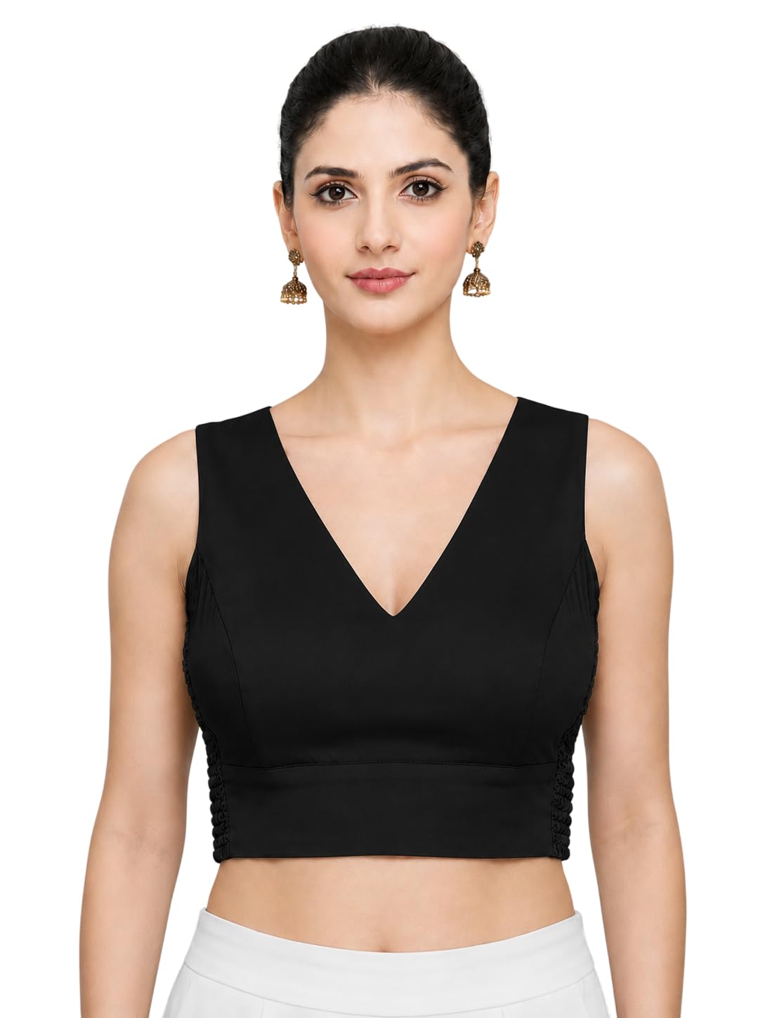 V-Neck Fandy Sleeveless with Smocked Strechable Side Panel Readymade Saree Blouse for Women Stylish-image-36