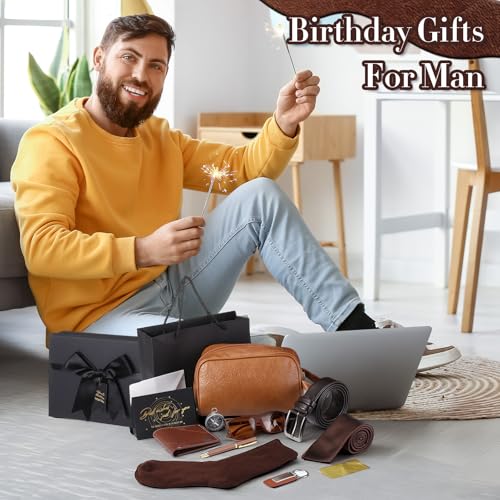 Geyoga 12 Pcs Men Birthdays Gift Set with Box for Men Dad Basket PU Leather Wallet Leather Toiletry Bag Tie Socks Belt Keychain Sunglasses Pen Compass Set for Father's Day4