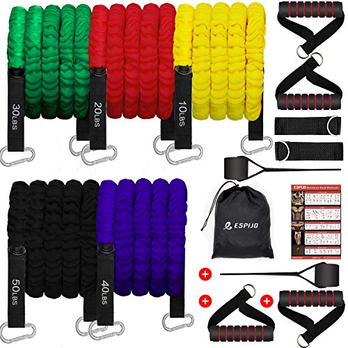 ESPIJO Resistance Bands Set 14 pcs, Workout Bands, Exercise Bands with Door Anchor, Handles, Ankle Straps, Portable Bag, Stackable up to 150 lbs, for Muscle Training, Physical Therapy, Home Workouts