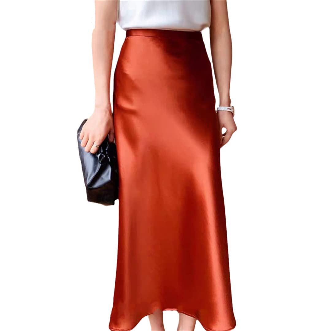 Jupe coréenne taille haute en satin de soie pour femme, Orange, 48