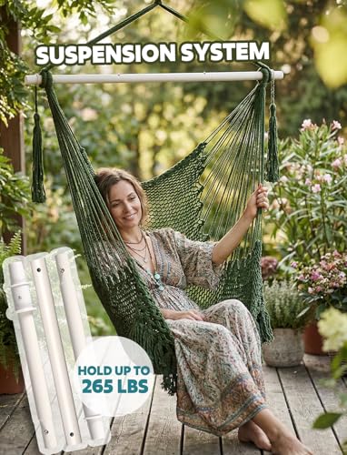 Image of Chihee Hammock Chair Handmade Woven Mesh Hanging Seat Metal Spreader Bar | Cotton Blended Rope Hanging Chair Ventilated Soft-Spun Large Stretch Hammock Swing, Elegant Macrame Indoor Outdoor Garden