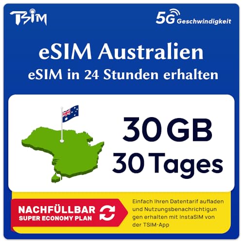 Australien eSIM | 30GB | 30 Tage | Nachfüllbarer Tarif | 5G Geschwindigkeit |Hotspot| Nur-Daten. QR-Code wird innerhalb von 24 Stunden gesendet, scannen zur Aktivierung, keine Telefonnummer enthalten.
