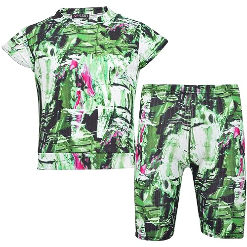 Conjunto de camiseta corta y pantalones cortos de verano para niñas de 7 a 13 años verde