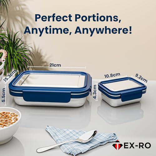 Image of TEX-RO Tiffin Box Steel | Stainless Steel Lunch Boxes | Steel Lunch Box for School | Leakproof Stainless Steel Tiffin Box for Kids, School, Office - Blue