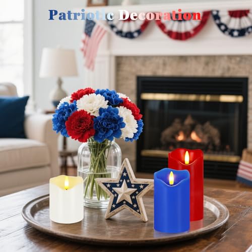 Image of VEEKI 4th of July Flameless Candles, Set of 3 Patriotic LED Candles with Remote & Timer, Flickering Electric Pillar Candles Battery Operated, Red White Blue Candles for Home Independence Day Decor