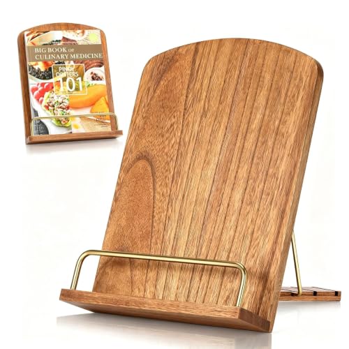 Kochbuchhalter Holz, Verstellbarer Kochbuchständer, Schneidebrett Style, Buchständer, Buchhalter Leseständer Küche, für Rezepte, Lehrbücher, Tablet, mit Seitenklammern (Holz)