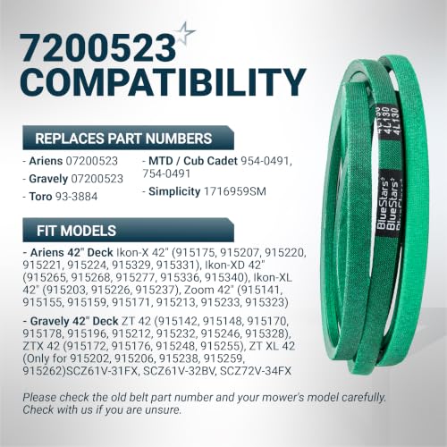 Image of [Upgraded Grip120] BlueStars 7200523 Deck Belt Aramid Cord 130 inch x 1 /2 inch | Deck Belt for 42 inch Ariens 07200523 Ikon-X Ikon XD XL 42 inch Gravely ZT42 ZTX42 ZTXL42 Lawn Mower Replaces Toro 93-3884 Mower Belt