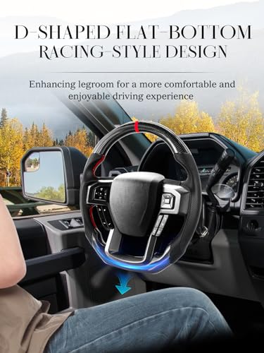 TESFEEL Carbon Fiber Steering Wheel for Ford F150 Raptor 2021-2023 D-shaped Flat-bottom Steering Wheel Preforated Leather Grip Hand-Stitched Compatible with F150&Compatible with Raptor - Image 6