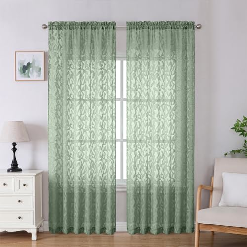 Lecloud Leia Sage Green Sheer Curtains 90 Inches Long 2 Panels, Airy Voile Jacquard Leaf Textured Curtains, Light-Filtering Farmhouse Rod Pockets Curtain Drapes for Bedroom Living Room, 52" W x 90" L