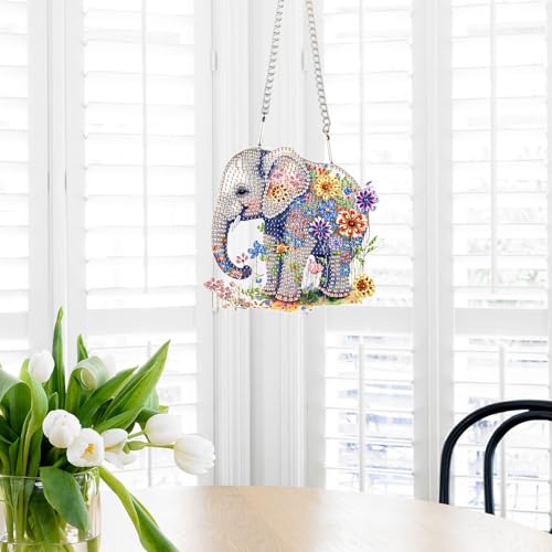 Image of Elephant and Flowers Diamond Painting Hanging Kit - DIY Acrylic Pendant with 5D Special Shaped Rhinestones, Decorative Art Board for Wall, Door or Garden, Handmade Gift for Creative Decor Lovers