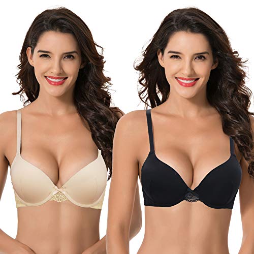 Curve Muse - Sujetador sin aro ni forro, minimizador de talla grande para mujer con bordado de encaje, Negro, piel (2 unidades), 75 E (Talla del fabricante: 34DD)