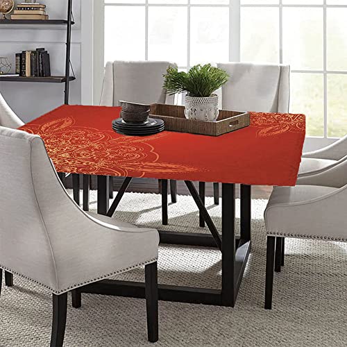Mandala Square Fitted Tablecloth, Romantic Vintage Traditional Soft Tone Shapes And Designs, Elastic Edge, Suitable For Kitchen Party Picnic, Fit For 42"X42" Square Table Earth Yellow Vermillion #TOP3