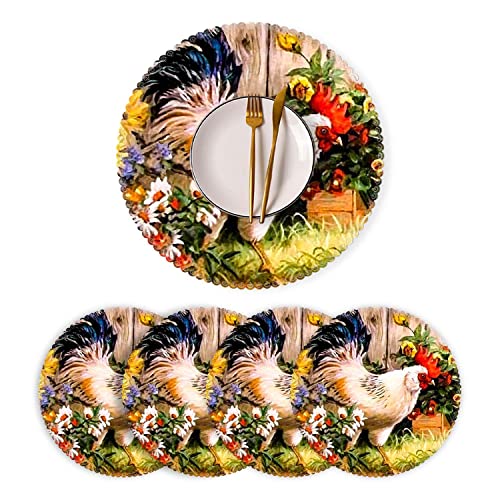 Placemats,Round Placemats Washable Polyester Table Mats Set Of 4 Heat Resistant Placemats For Kitchen Dining Table Decoration - Rooster Garden #TOP24