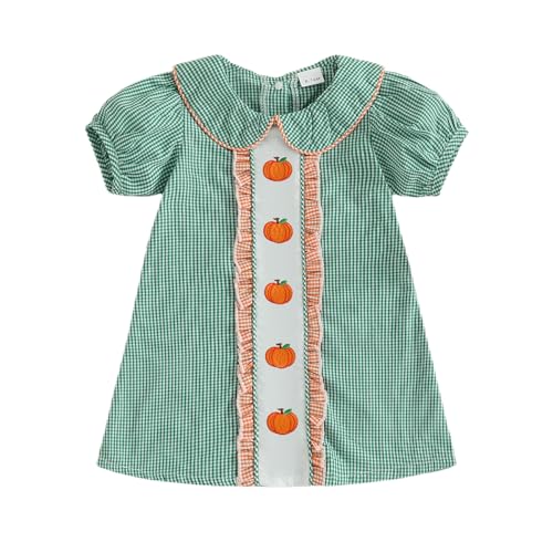 Toddler Girl Halloween Outfit Short Puff Sleeve Peter Pan Collar Pumpkin Embroidery Plaid Dress Kids Fall Photoshoot Clothes