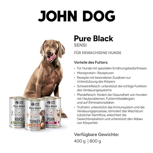 John Dog Hundenassfutter Pure Black Hypoallergenic Pferdefleisch - Getreidefreies Monoprotein Nassfutter für empfindliche Hunde - Hundefutter ohne Huhn, unterstützt Haut und Fell 6 x 400g