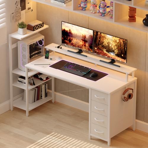 Image of 51 Inch Gaming Desk with LED Lights and Power Outlets, Computer Desk with Storage Shelves, Fabric Drawers, Monitor Stand & Side Hook, Reversible Gamer Table for Home Office, Carbon Fiber White