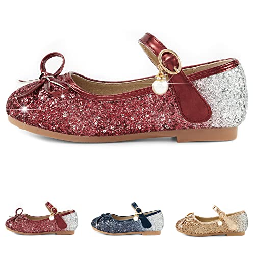 SYNPOS Baby Girls Mary Jane Flats Princess Flower Girls Dress Shoes for Toddler Girls Little Big Kids Wedding Party School Performance Dress Up Shoes Red Blue Gold Slip-Resistant Glitter Girls Flats