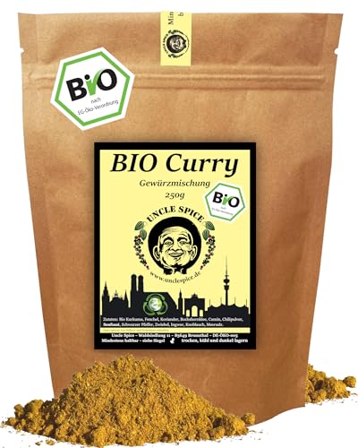 UNCLE SPICE® BIO CURRY Gewürzmischung - 250g Currypulver nach altem indischen Hausrezept - PREMIUMQUALITÄT - Bio Curry Pulver Madras Art ohne Zusätze, für Soßen und Currywurst, DE-ÖKO-005
