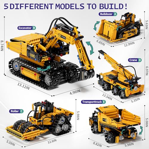 5 in 1 STEM Building Block Set for Kids Ages 8-14, Remote Control and App Controlled Excavator/Crane/Truck/Bulldozer/Roller, Birthday Gift for 8 9 10 11 12+ Years Old - Image 5