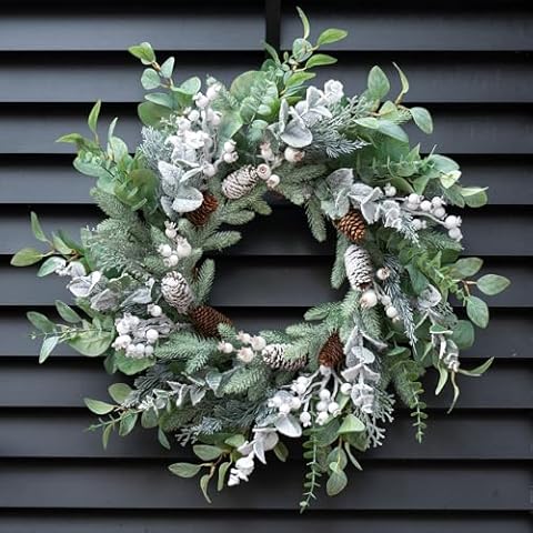 Winter Wreaths for Door Outside, Soomeir Large Size Winter White Wreath with Berries, Pinecones and Snowflakes, for Home Wall Window Porch Indoor Outdoor Cover