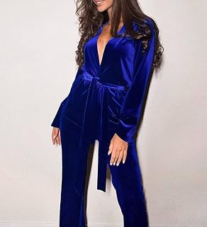 Pijama Mujer,Pijama De Invierno Conjunto Azul Color Sólido Velvet Ladies Pyjamas Ropa De Dormir De Manga Larga Set De Cuello En V Profundo Camisón De Cuello En V & Fondos De Pijama Soft Pjs Set Lo