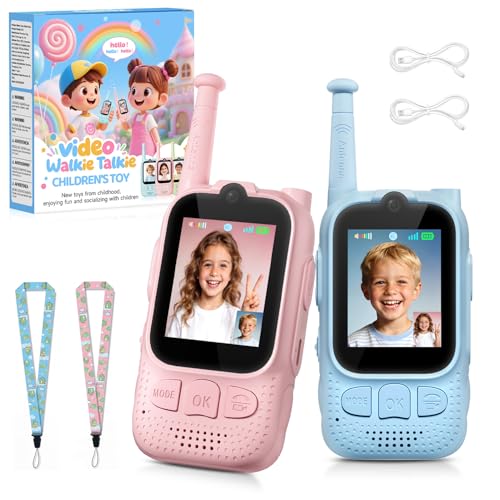 Kids Audio/Video Walkie Talkies, 2 Pack Rechargeable Walkie Talkies for Kids with 2’’ Screen & Camera & Voice Changer, Long Range Boys Girls Toys for Indoor Outdoor Camping Hiking Games (Pink/Blue)