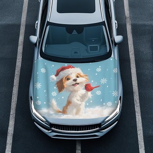 Image of Christmas Dog Print Car Hood Cover Stretch Polyester Fabric Cover for Car Hood Waterproof Car Hood Protector Easy Installation for Christmas Decoration Gifits