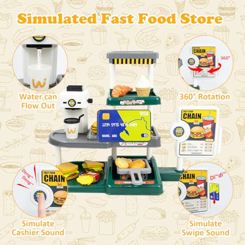 KalaDuck Pretend Play Food with Coffee Maker, Cash Register for Kids with Sound, Hamburger Food Toy, Play Money Credit Card and Play Kitchen Food, Food Play Store Gifts for Toddlers Boys Girls 3+